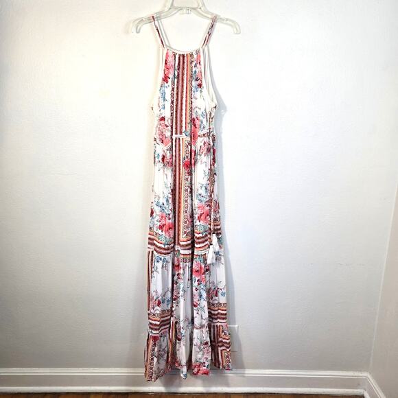 Xhilaration Tiered Maxi Dress Women's S Pink Red Floral Crochet Boho Chic Summer - Picture 2 of 11